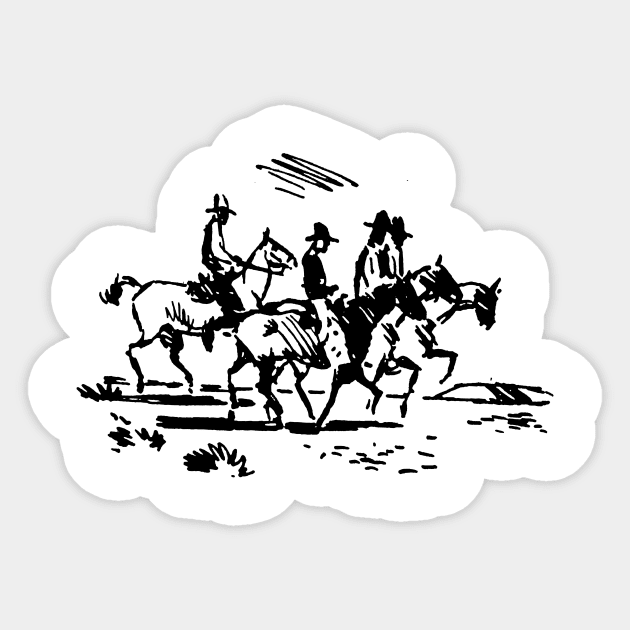 Cowboys on Horses Vintage Illustration Sticker by KitschPieDesigns